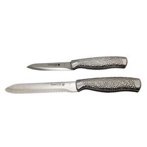 pair of serrated blade and smooth blade sabatier aluminum handle kitchen knives.